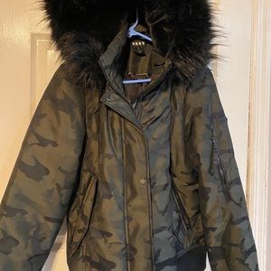 Women’s DKNY Camo Winter Coat with Faux Fur Hood